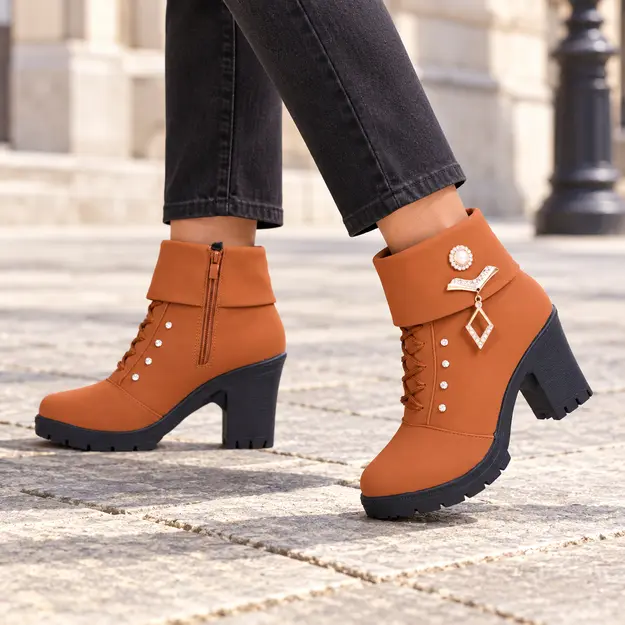 bottines femme a talon haut et bout rond marron portees en marchant avec un pantalon sombre 45125