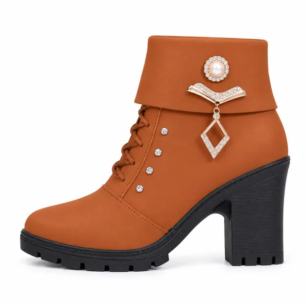 bottines femme a talon haut et bout rond marron vue de profil sur fond blanc 45125