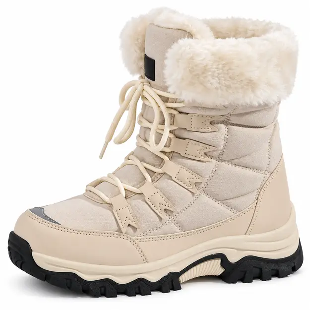bottines femme beiges en pu a lacets detail du col fourre et des lacets beiges 44787