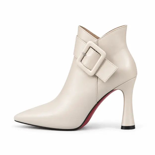 bottines femme beiges pointues a talon aiguille vue de profil sur fond blanc 45044