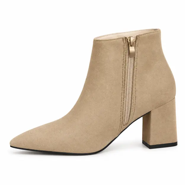 bottines femme beiges pointues a talon moyen vue de profil sur fond blanc 45085