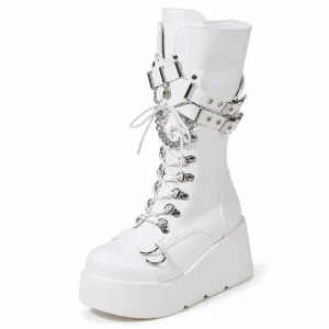 bottines femme blanches a lacets et plateforme vue de trois quarts sur fond blanc 44773