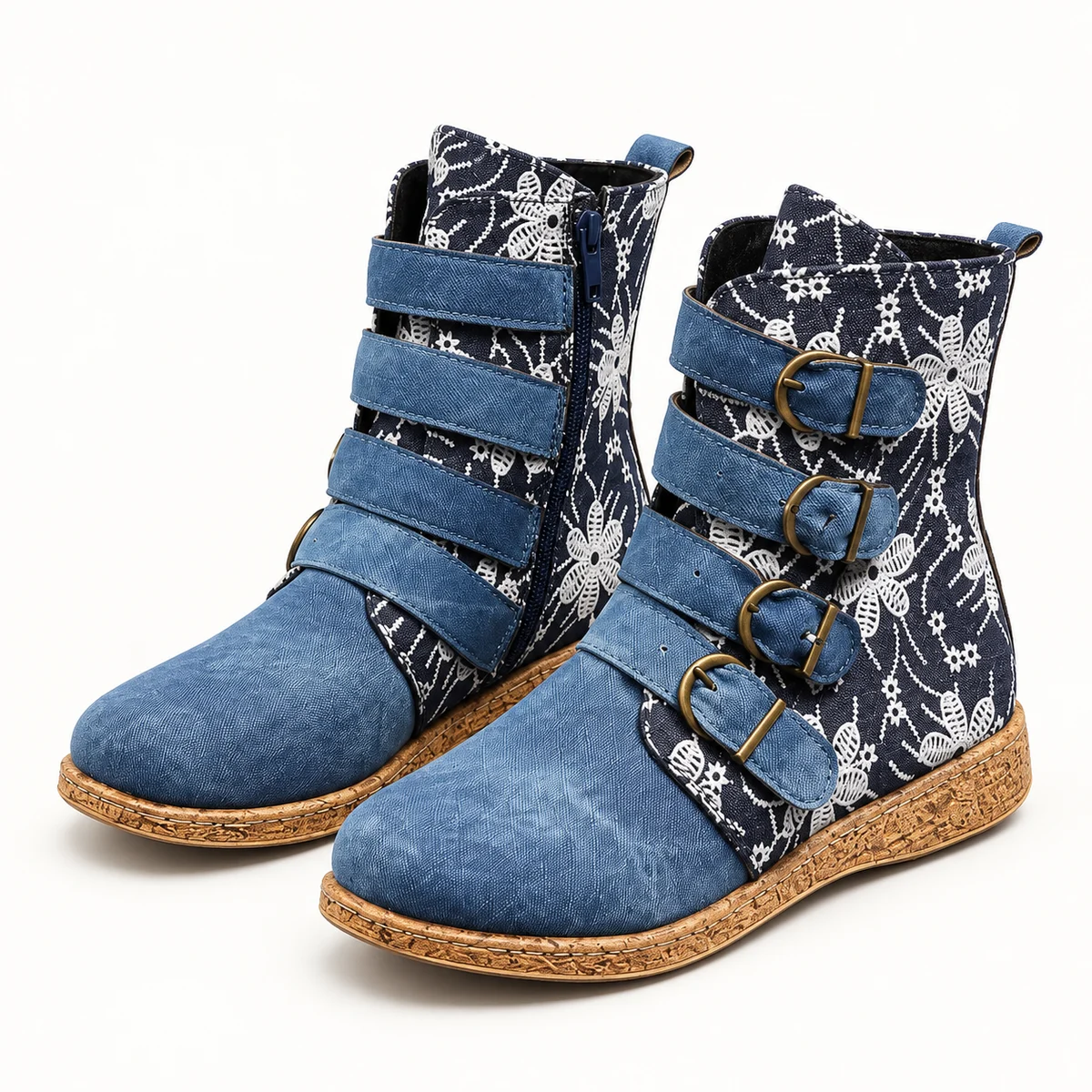 Chaussures femme avec bottines bleues à motifs floraux et brides pour style féminin
