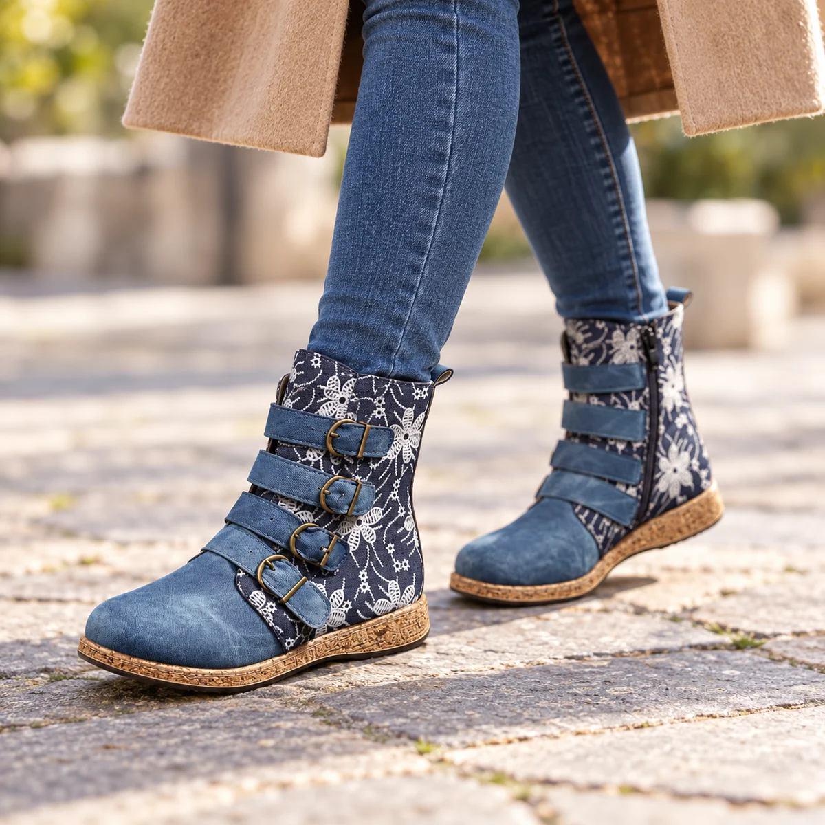 Détails des bottines femme à motifs floraux et brides bleues tendance