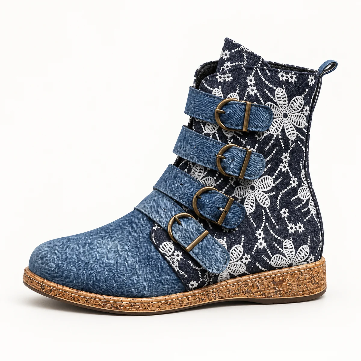 Vue de face des bottines femme bleues à motifs floraux avec trois brides