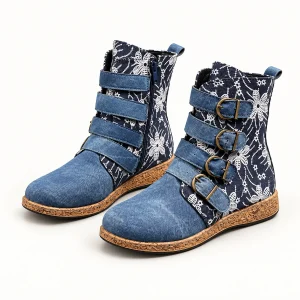 Bottines femme bleues à motifs floraux avec trois brides élégantes