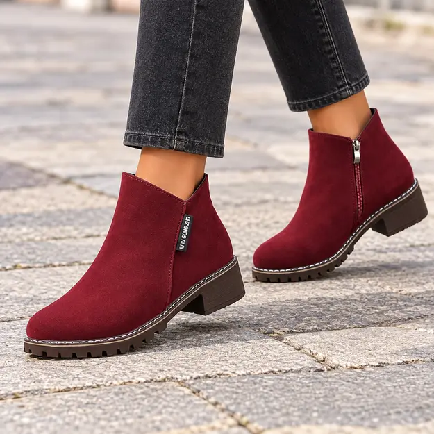 bottines femme bordeaux a zip et finition mate portees en marchant avec un pantalon sombre 44741