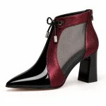 Bottines féminines bordeaux et noires en résille vernies élégantes