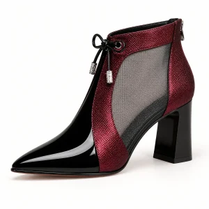 Bottines féminines bordeaux et noires en résille vernies élégantes