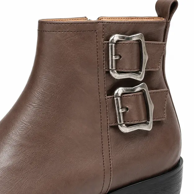 bottines femme en cuir a boucle doublure cuir marron doublure cuir detail des deux boucles argentees 45126