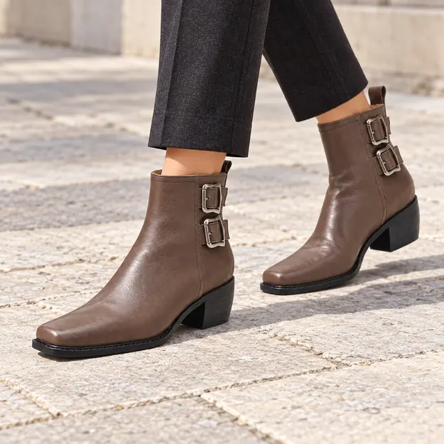 bottines femme en cuir a boucle doublure cuir marron doublure cuir portees en marchant avec un pantalon sombre 45126