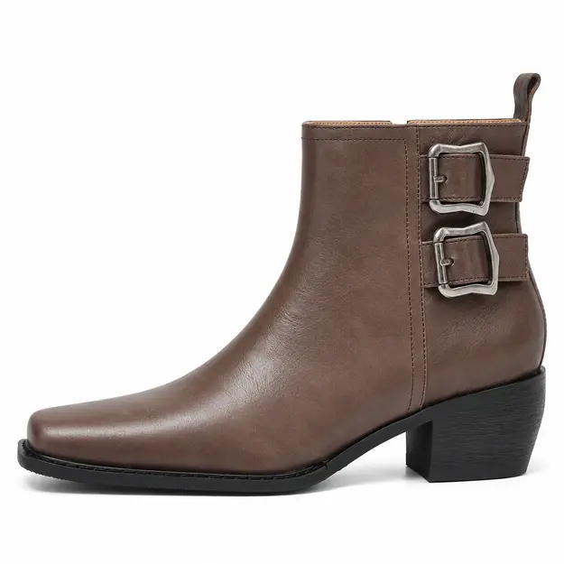 bottines femme en cuir a boucle doublure cuir marron doublure cuir vue de profil sur fond blanc 45126