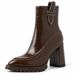 Bottines femme en cuir marron à haut talon plateforme élégantes