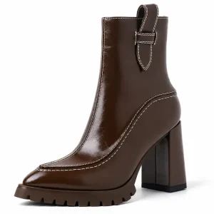 Bottines femme en cuir marron à haut talon plateforme élégantes