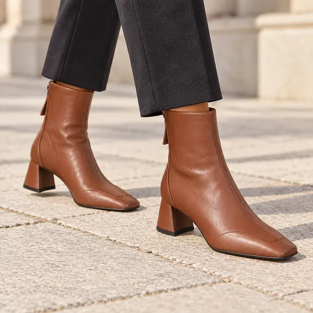 Détailed view of femme bottines en cuir fourrées avec talon de cinq centimètres