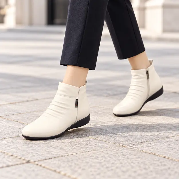 bottines femme en cuir fourrees compensees colorees beige fourre portees en marchant avec un pantalon sombre 45083
