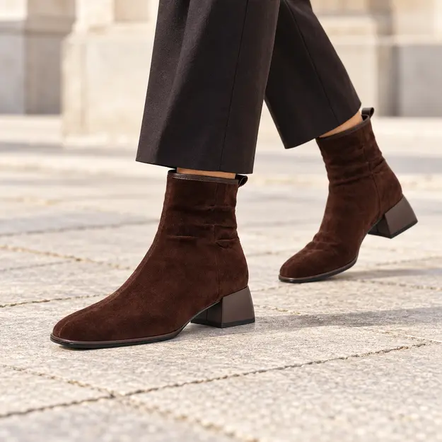 bottines femme en daim a talon carre marron non fourre portees en marchant avec un pantalon sombre 45101
