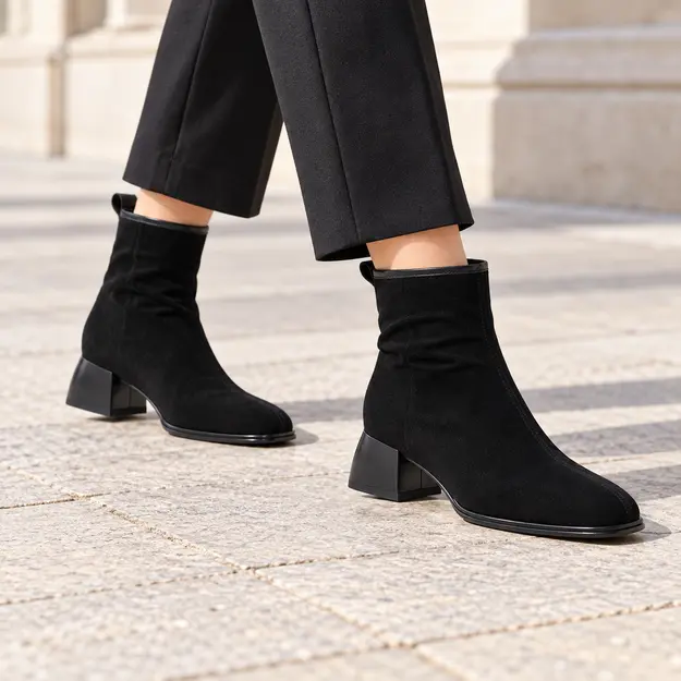 bottines femme en daim a talon carre noir non fourre portees en marchant avec un pantalon sombre 45102