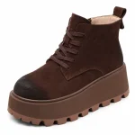 Bottines femme en daim marron fourrées à plateforme compensée