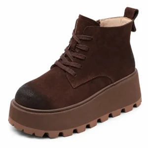 Bottines femme en daim marron fourrées à plateforme compensée