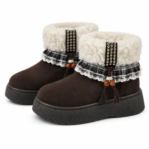 Bottines femme foncées fourrées à col à carreaux élégant pour hiver