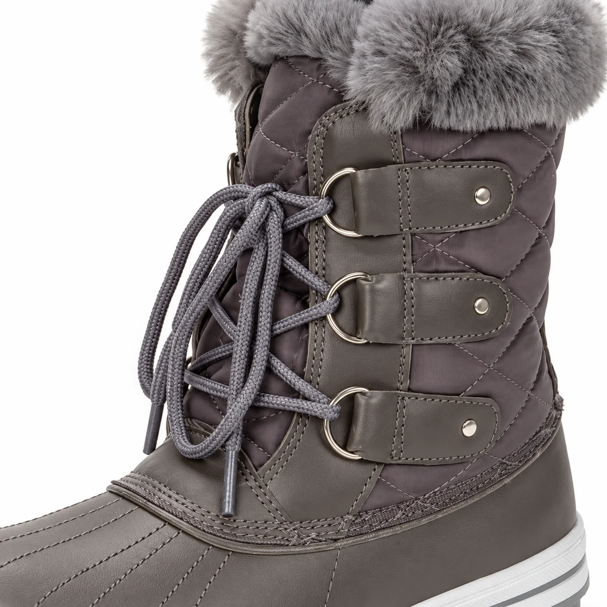 Vue rapprochée des bottines femme grises fourrées avec lacets et boucles