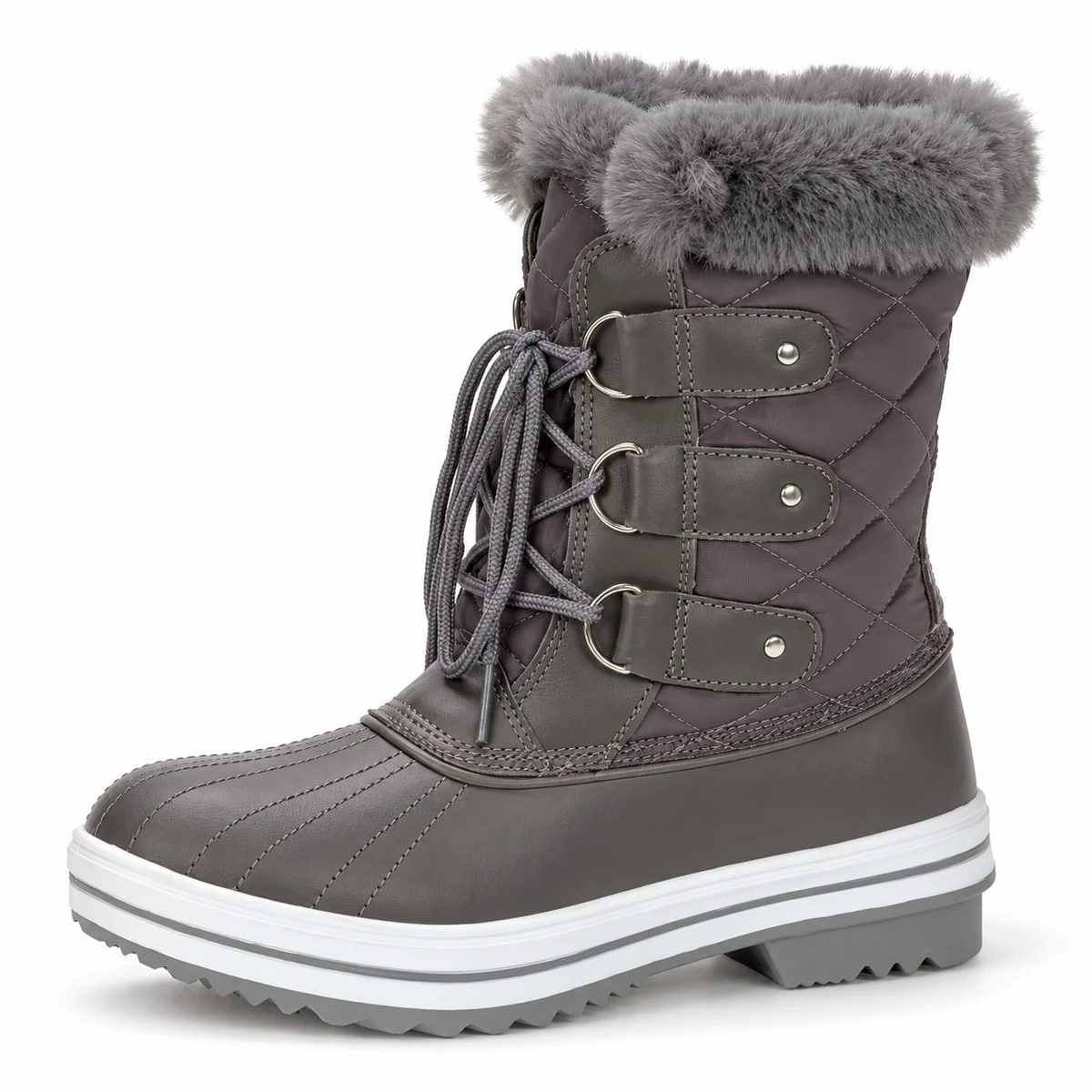 Chaussures femme élégantes avec bottines grises fourrées à lacets et boucles
