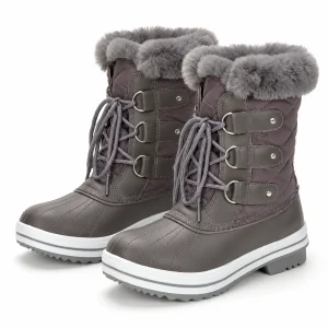 Bottines femme grises fourrées à lacets et boucles en cuir chaude