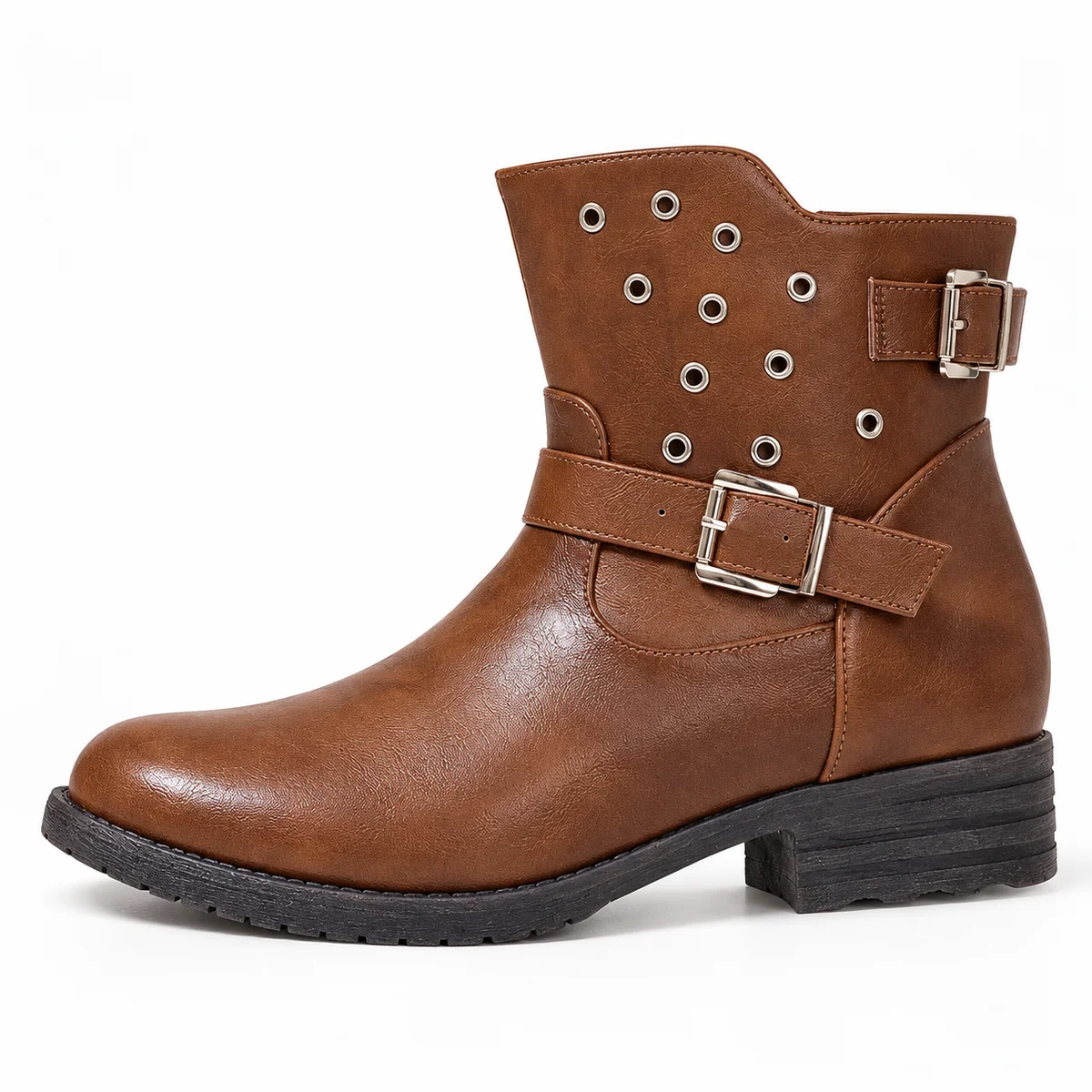 Perspective de côté des bottines femme marron à boucles