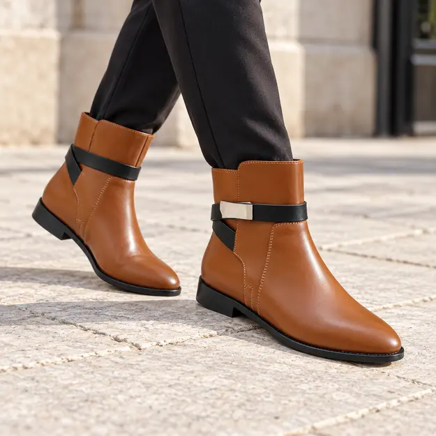bottines femme marron a bride noire contrastante portees en marchant avec un pantalon sombre 45048