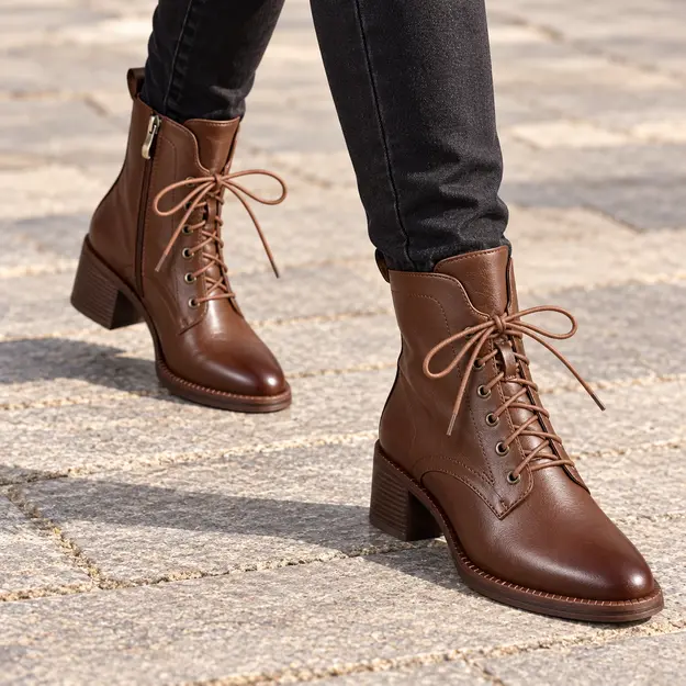 bottines femme marron a lacets et bout effile portees en marchant avec un pantalon sombre 44738