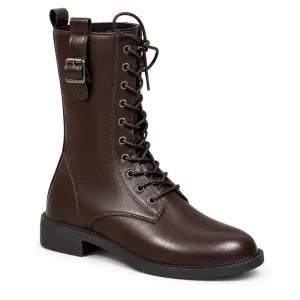bottines femme marron a lacets style punk vue de trois quarts sur fond blanc 44764