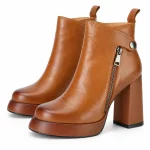 Bottines femme marron à plateforme avec haut talon carré en cuir