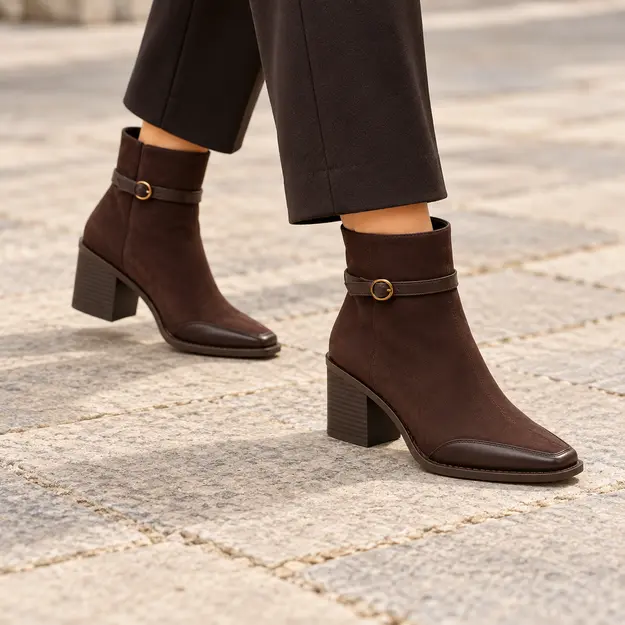 bottines femme marron a talon carre et finition veloutee portees en marchant avec un pantalon sombre 45058