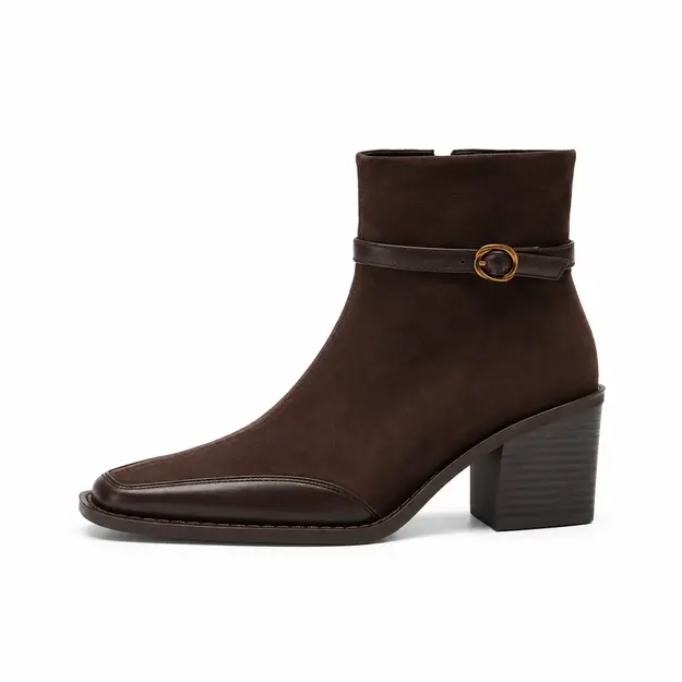 bottines femme marron a talon carre et finition veloutee vue de profil sur fond blanc 45058