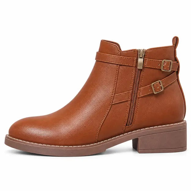 bottines femme marron clair a bride et petit talon vue de profil sur fond blanc 45052