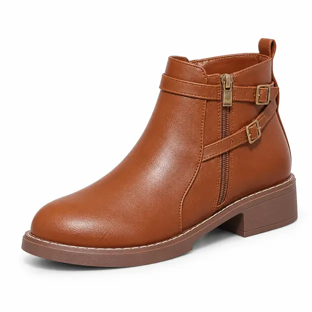 bottines femme marron clair a bride et petit talon vue de trois quarts sur fond blanc 45052