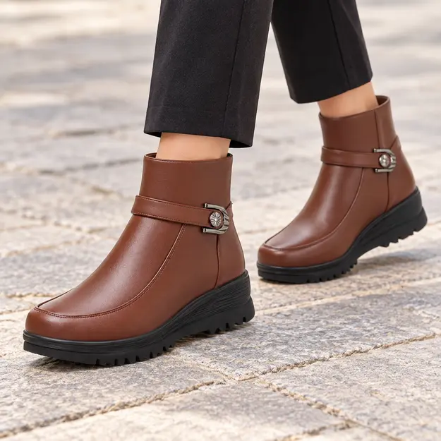 bottines femme marron doublees en microfibre portees en marchant avec un pantalon sombre 45054