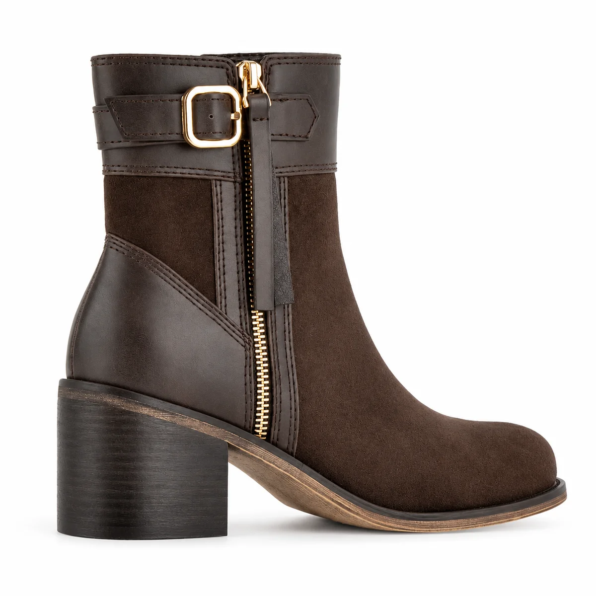 Profil de bottines marron à boucle et fermeture éclair pour femme en daim
