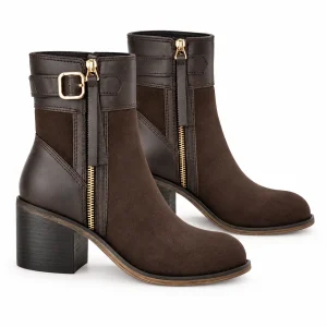 Bottines femme marron effet daim avec fermeture éclair et boucle à l'avant
