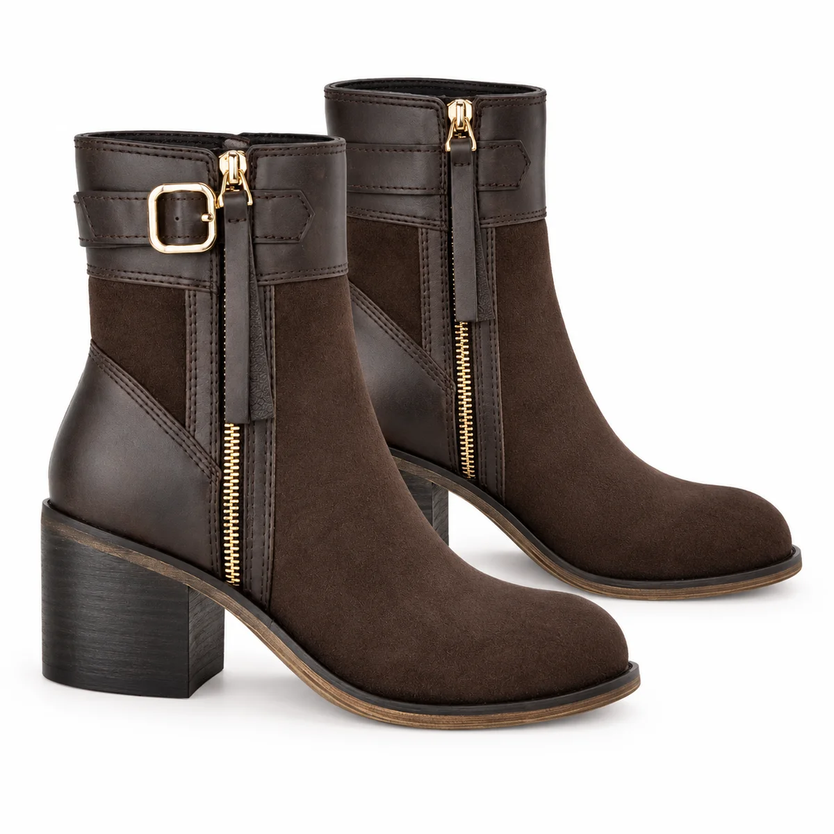 Bottines femme marron effet daim avec fermeture éclair et boucle à l'avant