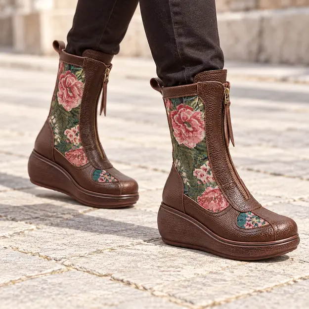 bottines femme marron fleuries et compensees portees en marchant avec un pantalon sombre 45043
