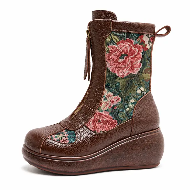bottines femme marron fleuries et compensees vue de profil sur fond blanc 45043