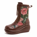 bottines femme marron fleuries et compensees vue de trois quarts sur fond blanc 45043