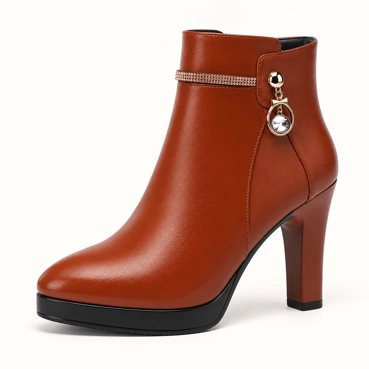Détails des bottines femme marron fourrées avec bijou et semelle antidérapante