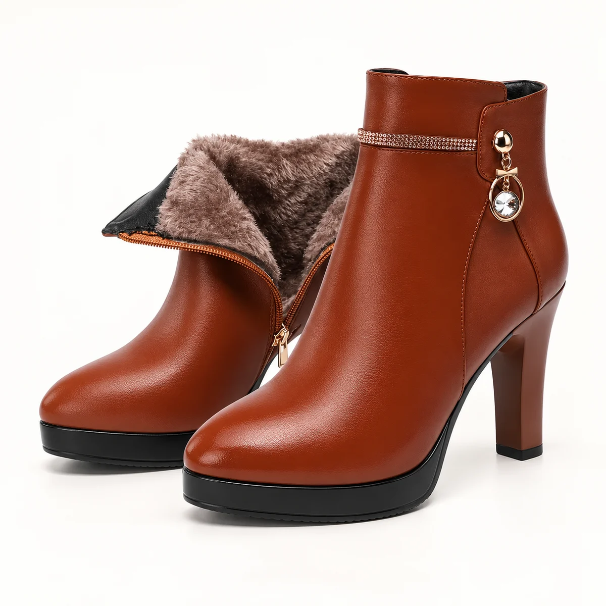 Bottines femme marron fourrées avec bijou et haut talon pour hiver élégance