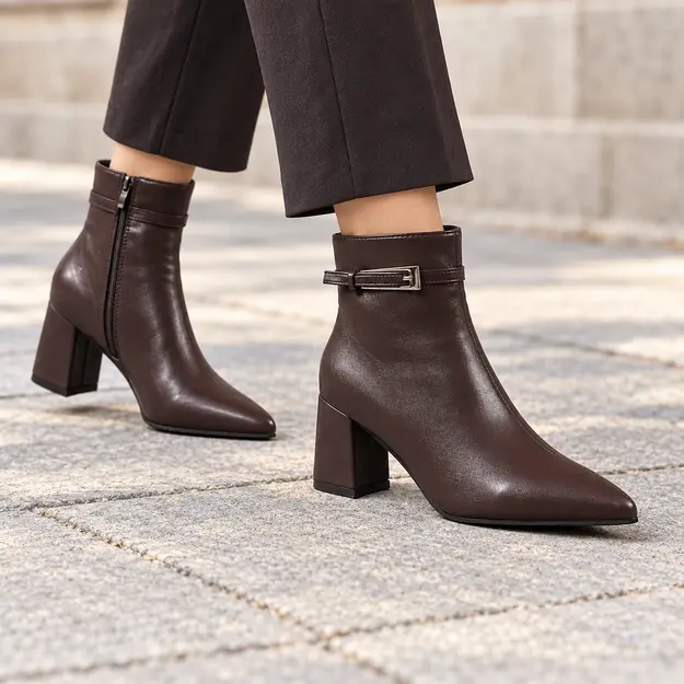 bottines femme marron pointues a talon carre portees en marchant avec un pantalon sombre 45064