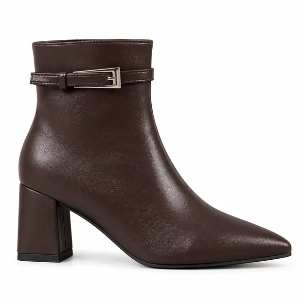bottines femme marron pointues a talon carre vue de profil sur fond blanc 45064