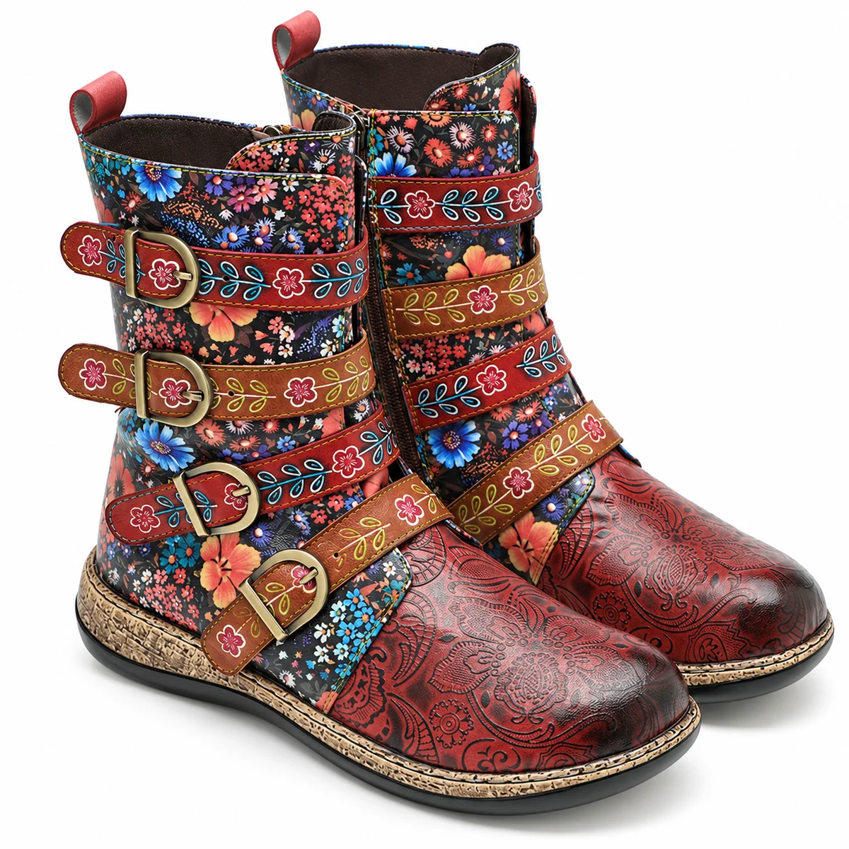Chaussures femme vintage à trois boucles avec design multicolore