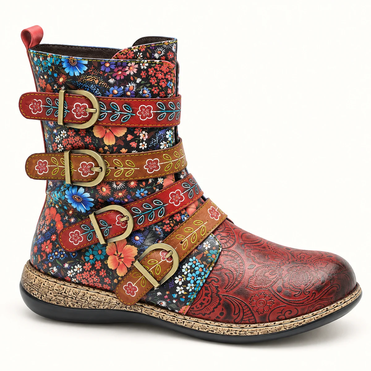 Vue frontale des bottines femme multicolores à trois boucles rétro